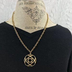 Gold Tone Circle Medallion cut out Long Necklace